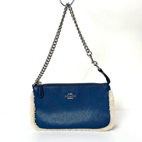 Coach Handbags - Coach Cozycore Navy Blue Shearling Trim Pebble Leather Chain Mini Bag